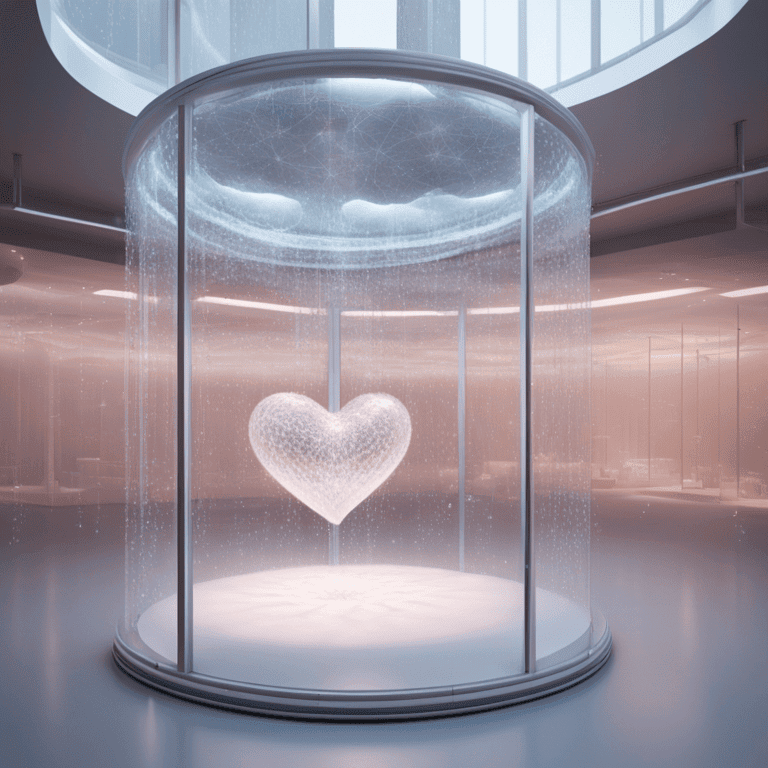 투명한 원통형 케이스 안에 하트 모양 조각이 전시되어 있는 현대적인 갤러리