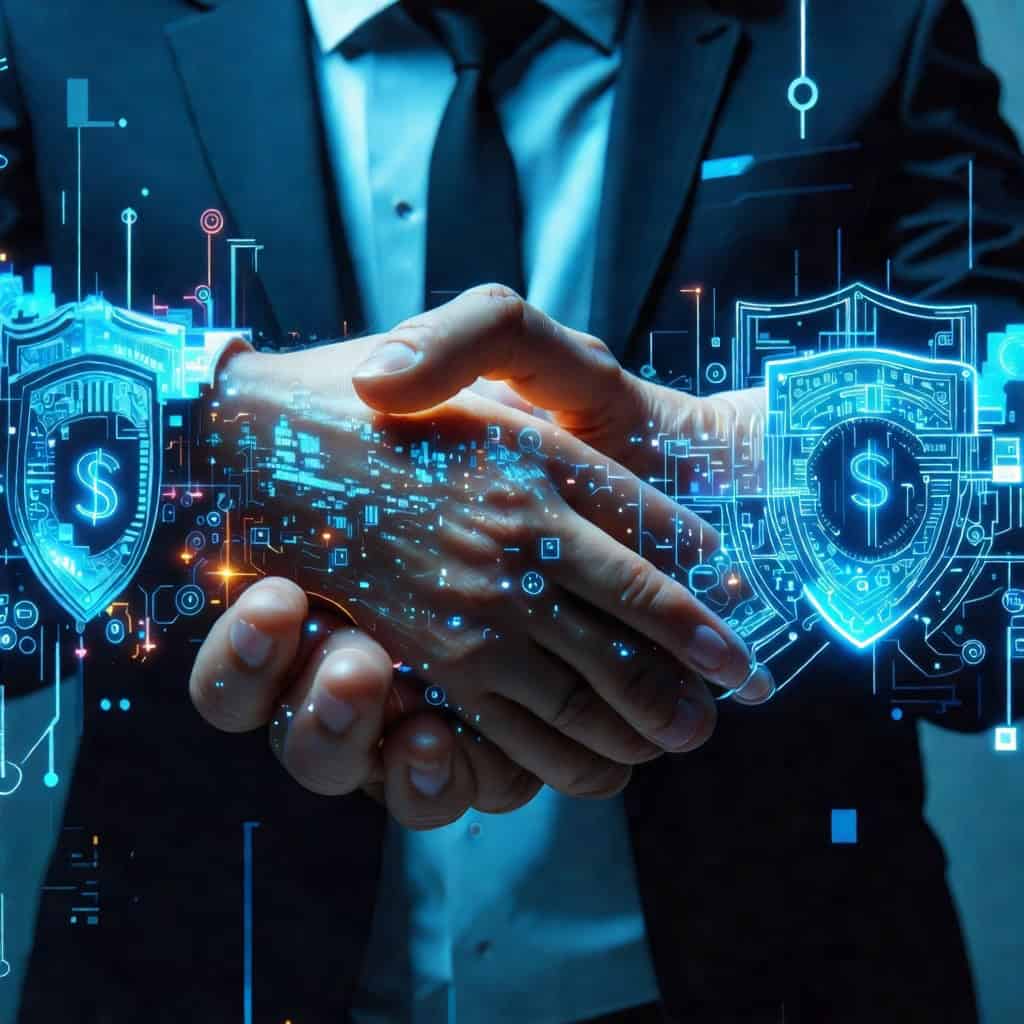 디지털 보안 아이콘이 떠 있는 가운데 악수하는 비즈니스 파트너들의 손