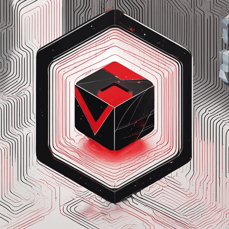 빨간색 체크 표시가 있는 검은 큐브가 육각형 회로 패턴 안에 떠 있다