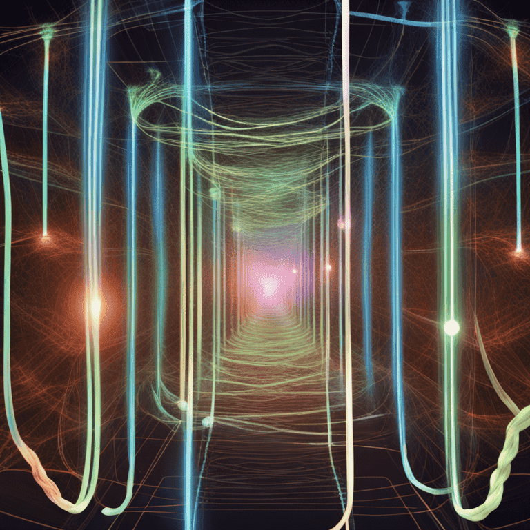 여러 색깔의 빛줄기와 에너지 흐름이 터널처럼 이어진 추상적인 디지털 공간