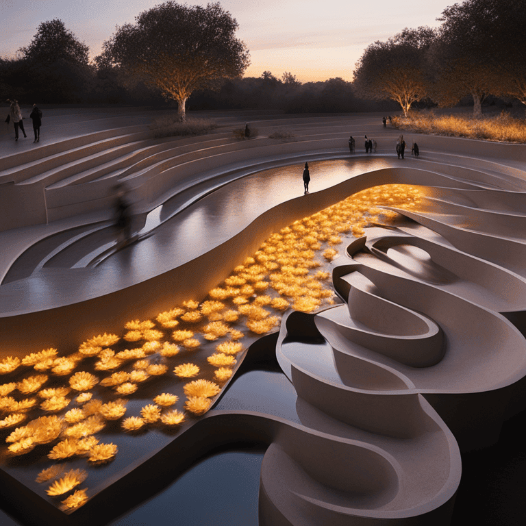 계단식 수반에 노란 꽃들이 떠 있고 물결 모양의 조각품이 놓여 있는 황혼의 공원