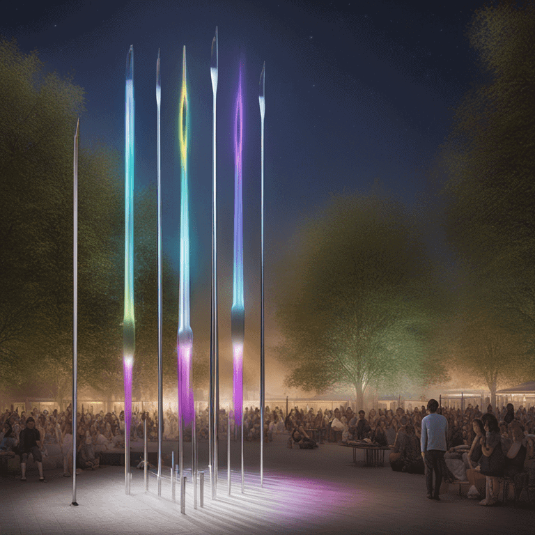 야외 공원에 여러 색깔의 빛을 발하는 가느다란 기둥들이 설치되어 있고 사람들이 주변에 앉아 있다