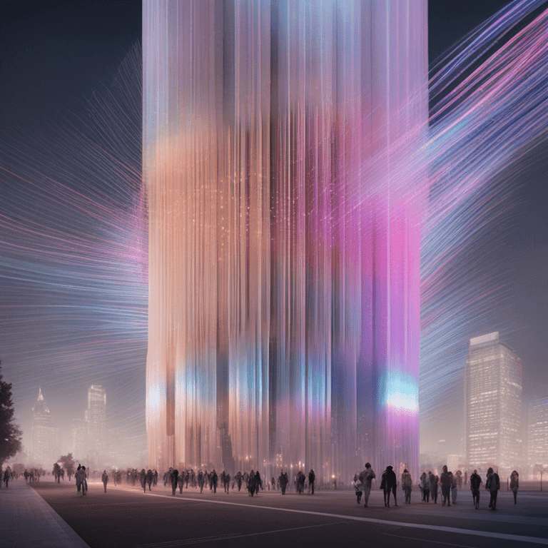 도심 광장에 설치된 거대한 무지개색 빛 기둥 앞으로 사람들이 모여 있다