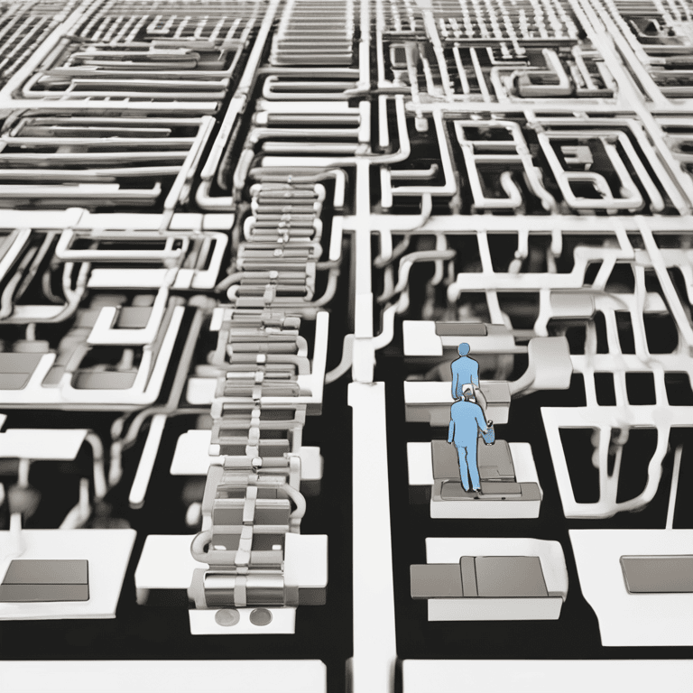 복잡한 미로 위에 두 명의 사람이 서 있는 것을 위에서 내려다본 모습