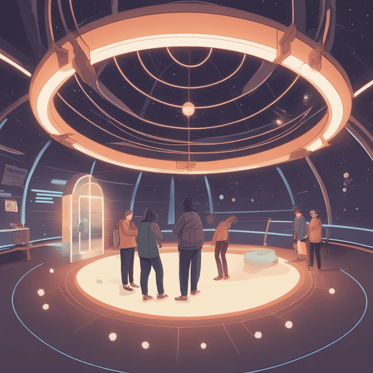 둥근 천장에 태양계 모형이 있는 천문관에서 사람들이 전시물을 관람하고 있다