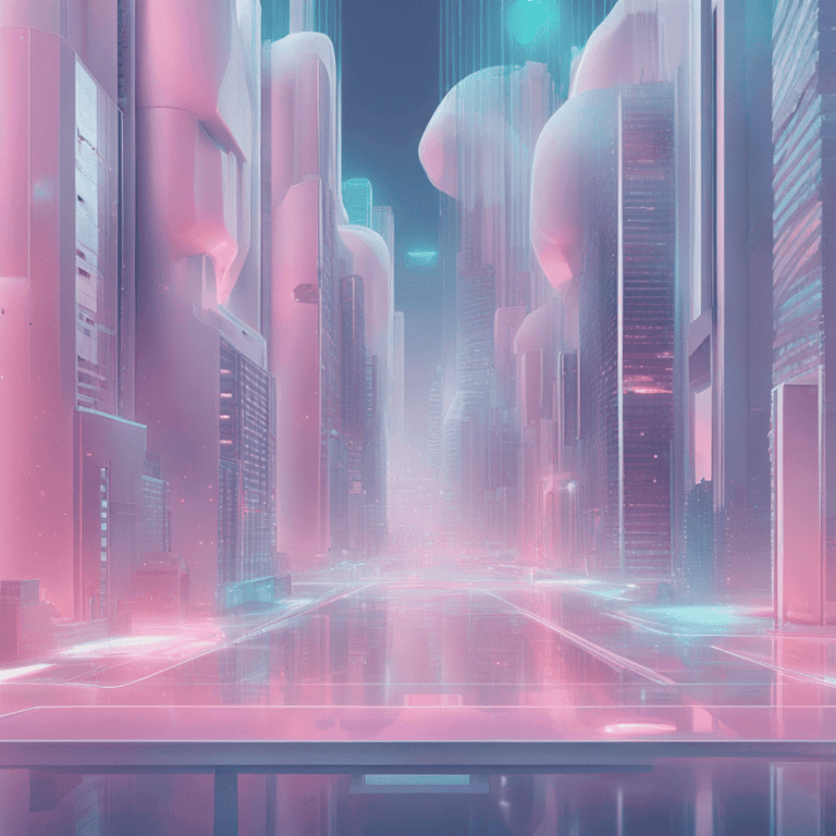 분홍색과 청록색 빛이 감도는 미래형 도시의 고층 빌딩들과 반사되는 거리
