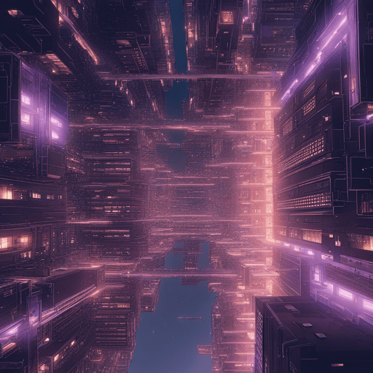 보라색과 주황색 불빛이 켜진 미래 도시의 고층 빌딩들을 아래에서 올려다본 모