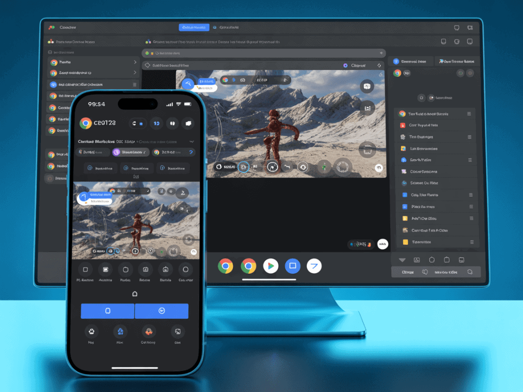 스마트폰과 PC 화면에 동일한 장면이 표시된 원격 제어 앱 인터페이스로 모바일–데스크톱 연동 기능을 보여주는 화면