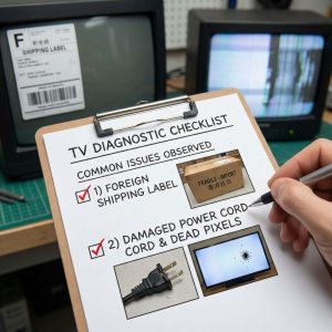 진단 체크리스트 위에 외국어 배송 라벨이 붙은 TV와 화면의 죽은 픽셀, 손상된 전원 코드가 각각 그려져 있습니다.