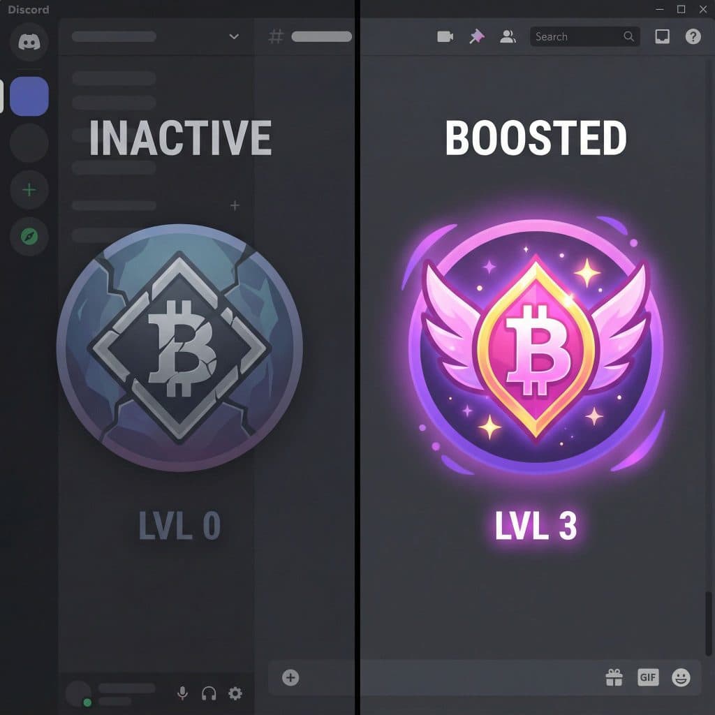 활기찬 부스트 버전과 달리, 빛바랜 디스코드 서버 아이콘에 부스트 심볼이 깨져 있거나 사라진 모습입니다.