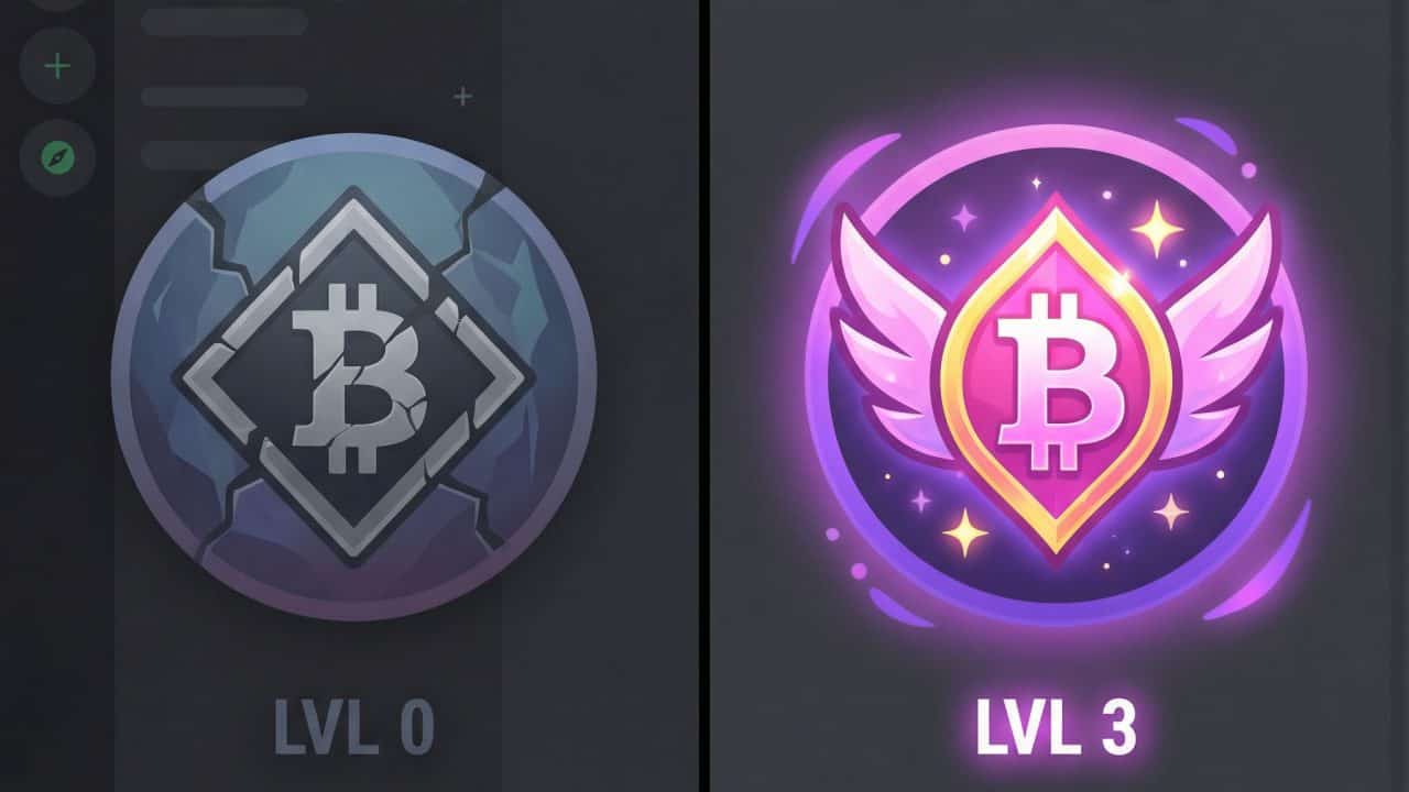 활기찬 부스트 버전과 달리, 빛바랜 디스코드 서버 아이콘에 부스트 심볼이 깨져 있거나 사라진 모습입니다.