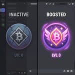 활기찬 부스트 버전과 달리, 빛바랜 디스코드 서버 아이콘에 부스트 심볼이 깨져 있거나 사라진 모습입니다.