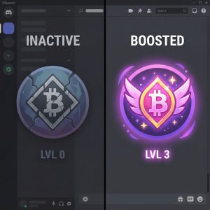 활기찬 부스트 버전과 달리, 빛바랜 디스코드 서버 아이콘에 부스트 심볼이 깨져 있거나 사라진 모습입니다.