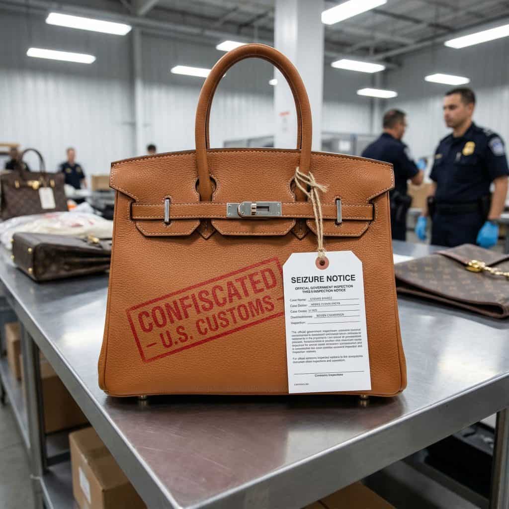 빨간색 '압수' 도장이 찍힌 위조 명품 핸드백이 세관 검사 안내문과 함께 놓여 있다.