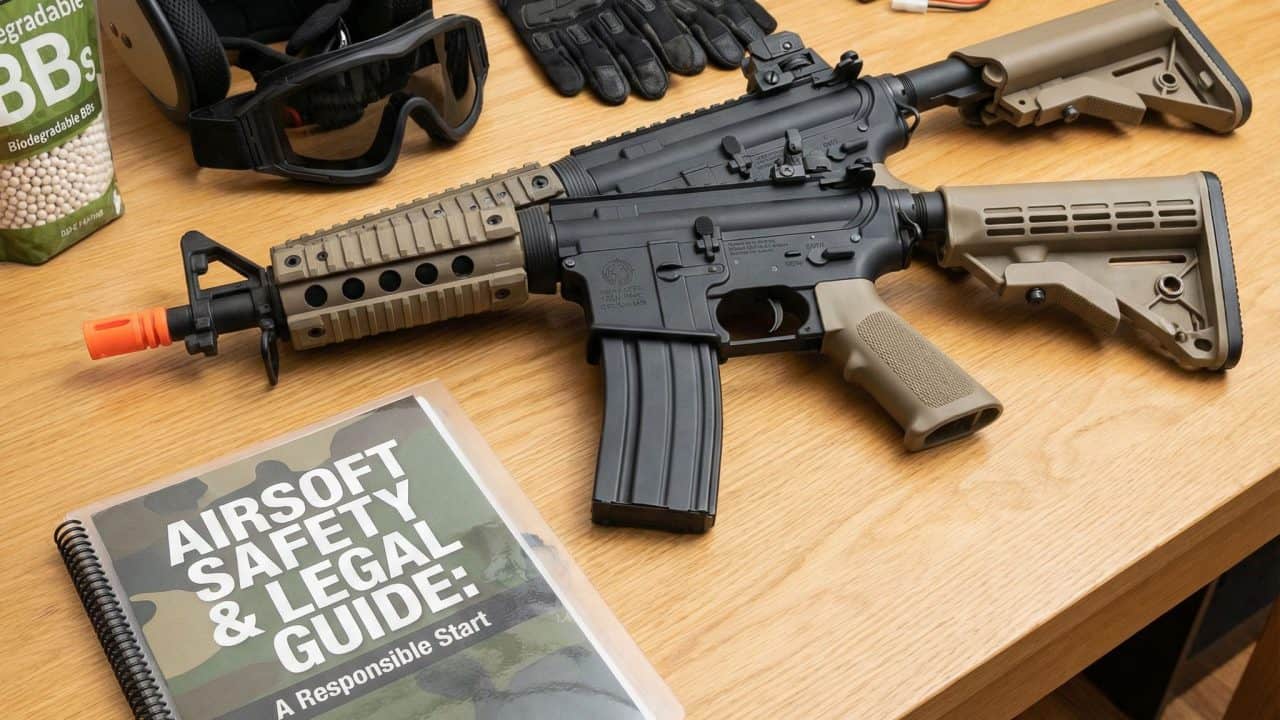 회색 테이블 위에 초보자용 에어소프트건이 놓여 있고, 옆에는 투명한 법률 안내서와 검정색 보호 장비가 정렬된 모습이다.