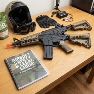 회색 테이블 위에 초보자용 에어소프트건이 놓여 있고, 옆에는 투명한 법률 안내서와 검정색 보호 장비가 정렬된 모습이다.