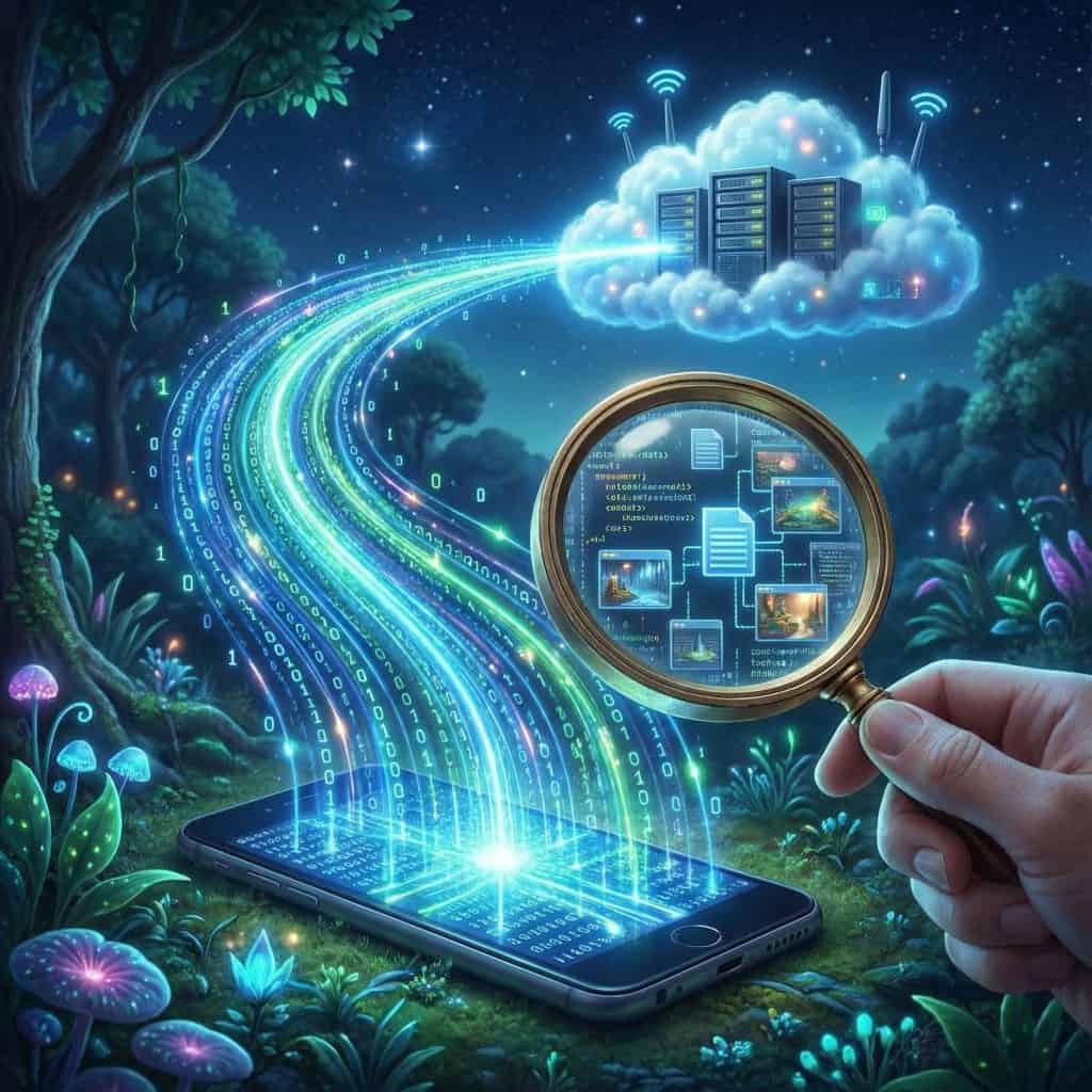 휴대폰에서 뿜어져 나오는 형광빛 데이터 흐름이 구름 모양 서버로 향하는 길을 확대경이 살펴보고 있습니다.