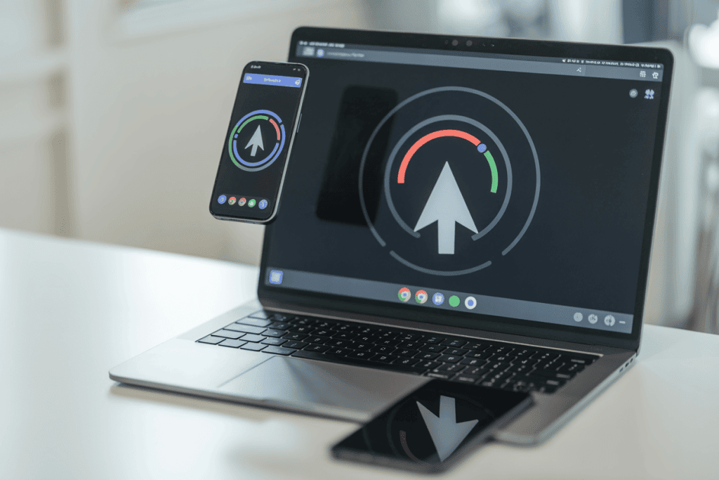 노트북 화면과 스마트폰 두 대에 동일한 커서(화살표) 모양의 앱 인터페이스가 동시에 표시되는 모습. 멀티 플랫폼(크로스 플랫폼) 동기화를 상징한다