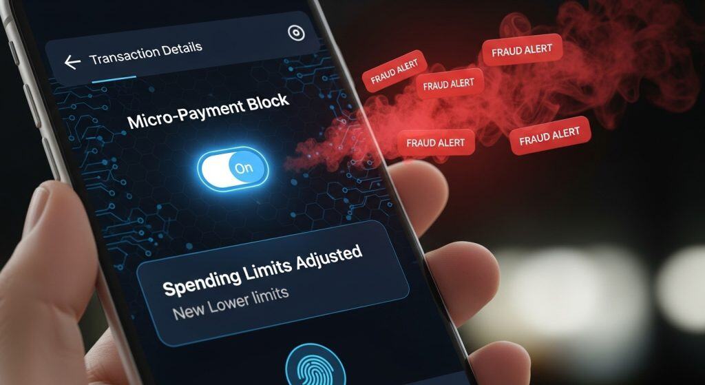 스마트폰 화면에서 소액 결제 차단 기능이 활성화되고 사기 경고 알림이 주변에 떠 있는 모습이다