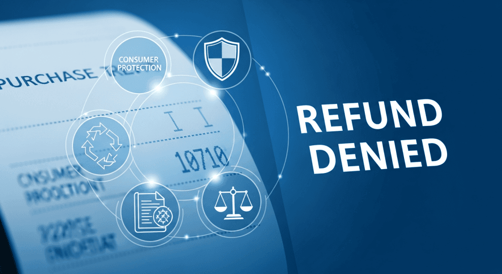 환불 거부 안내 문구와 소비자 보호 관련 아이콘이 결제 영수증 위에 배치된 이미지이다