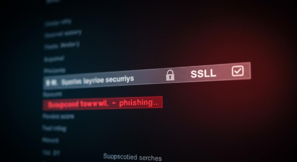 SSL 보안 표시와 함께 의심스러운 피싱 경고가 붉게 강조된 화면이다