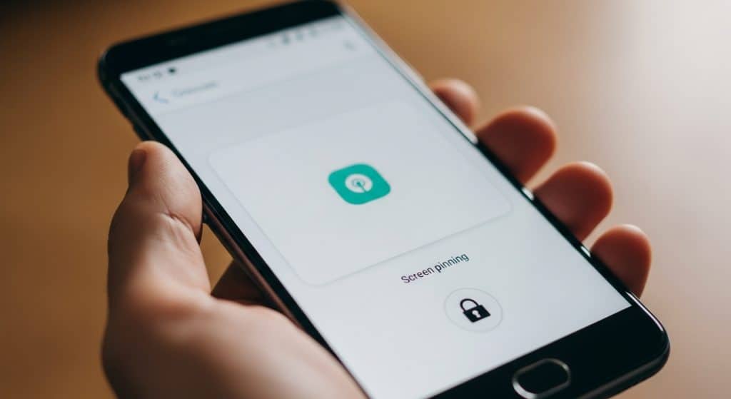 손에 든 스마트폰 화면에 앱 아이콘과 함께 'Screen pinning' 메시지, 자물쇠(lock) 아이콘이 표시되어 있는 모습