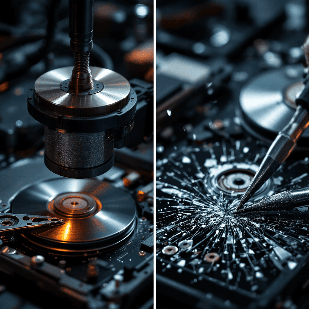 하드디스크 플래터를 정밀 기계가 읽는 장면과 물리적으로 파손된 플래터를 비교한 데이터 삭제·파괴 과정 이미지