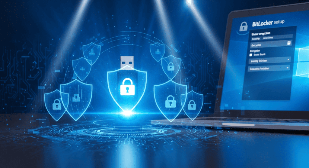 BitLocker 설정 화면과 함께 USB·송신 보호막 아이콘이 떠 있는 데이터 암호화 보안 개념 이미지